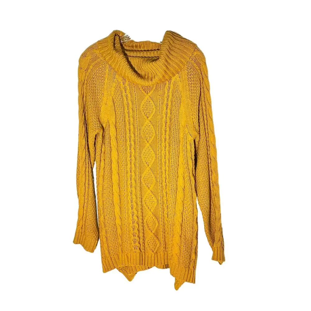 Cable Knit Cowl Neck Oversized Mustard Long Sleeve Sweater - Picture 1 of 9